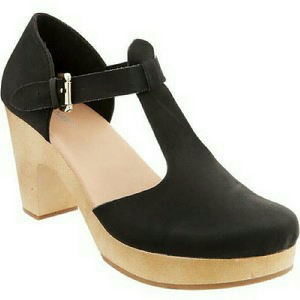 Black Faux Leather Wooden Clog T-Bar Heels