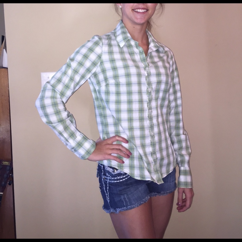 Green and white plaid button up top