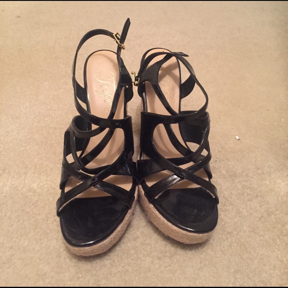 Fergie black patent wedges