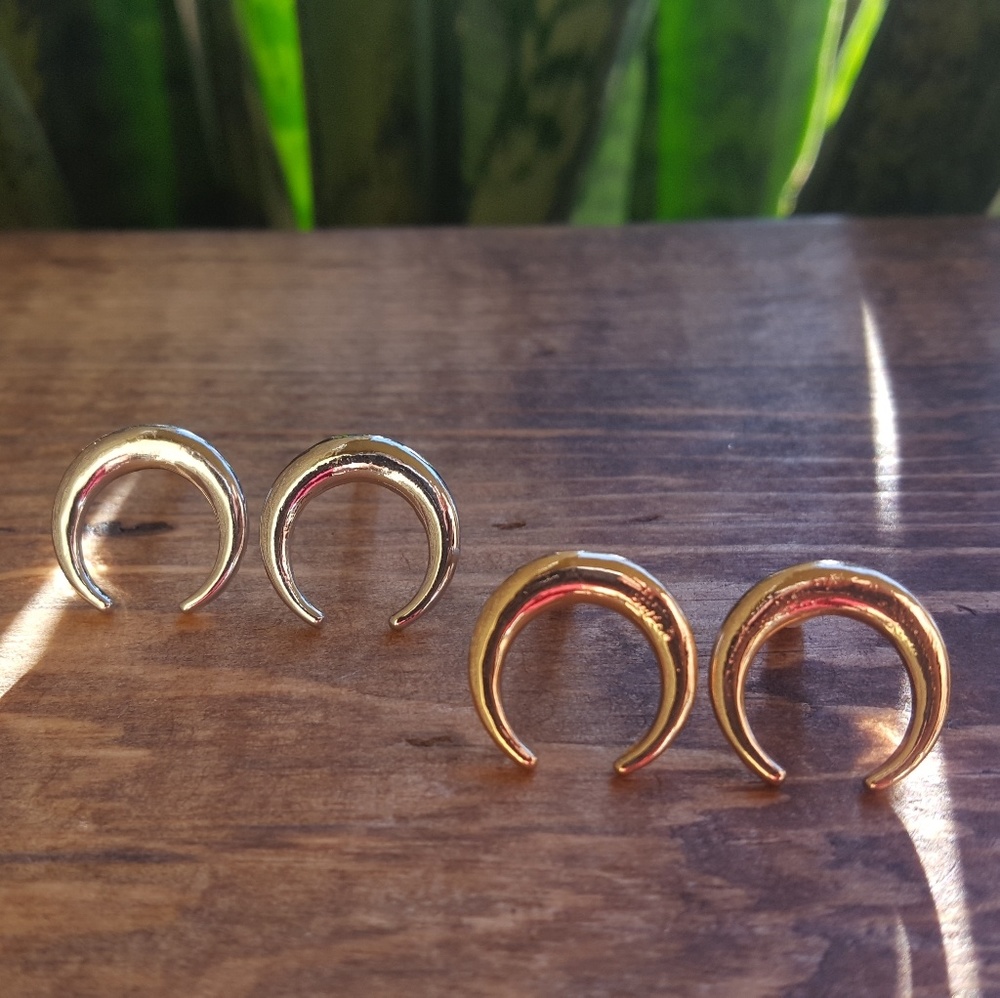Crescent moon earrings, double horn earrings