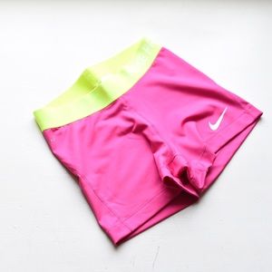 Pink and Neon Yellow Nike Pro Shorts 3"