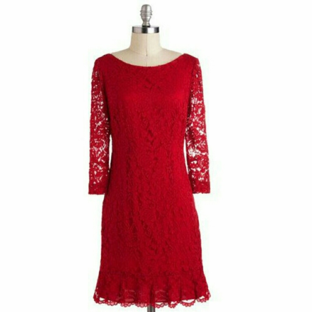 Donna Morgan Red Lace Ruffle Hem 3/4 Sleeve Dress