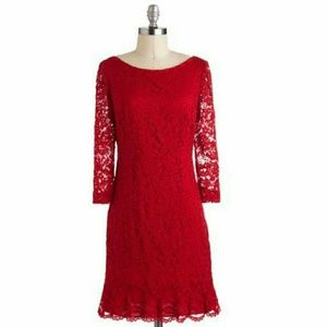 Donna Morgan Red Lace Ruffle Hem 3/4 Sleeve Dress