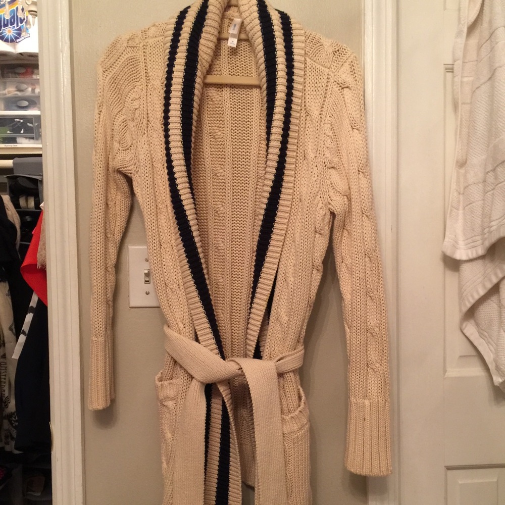 Long beige and navy cable knit sweater
