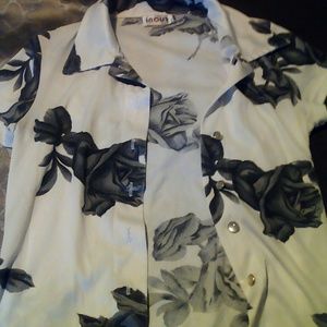 White n Gray button up rose blouse
