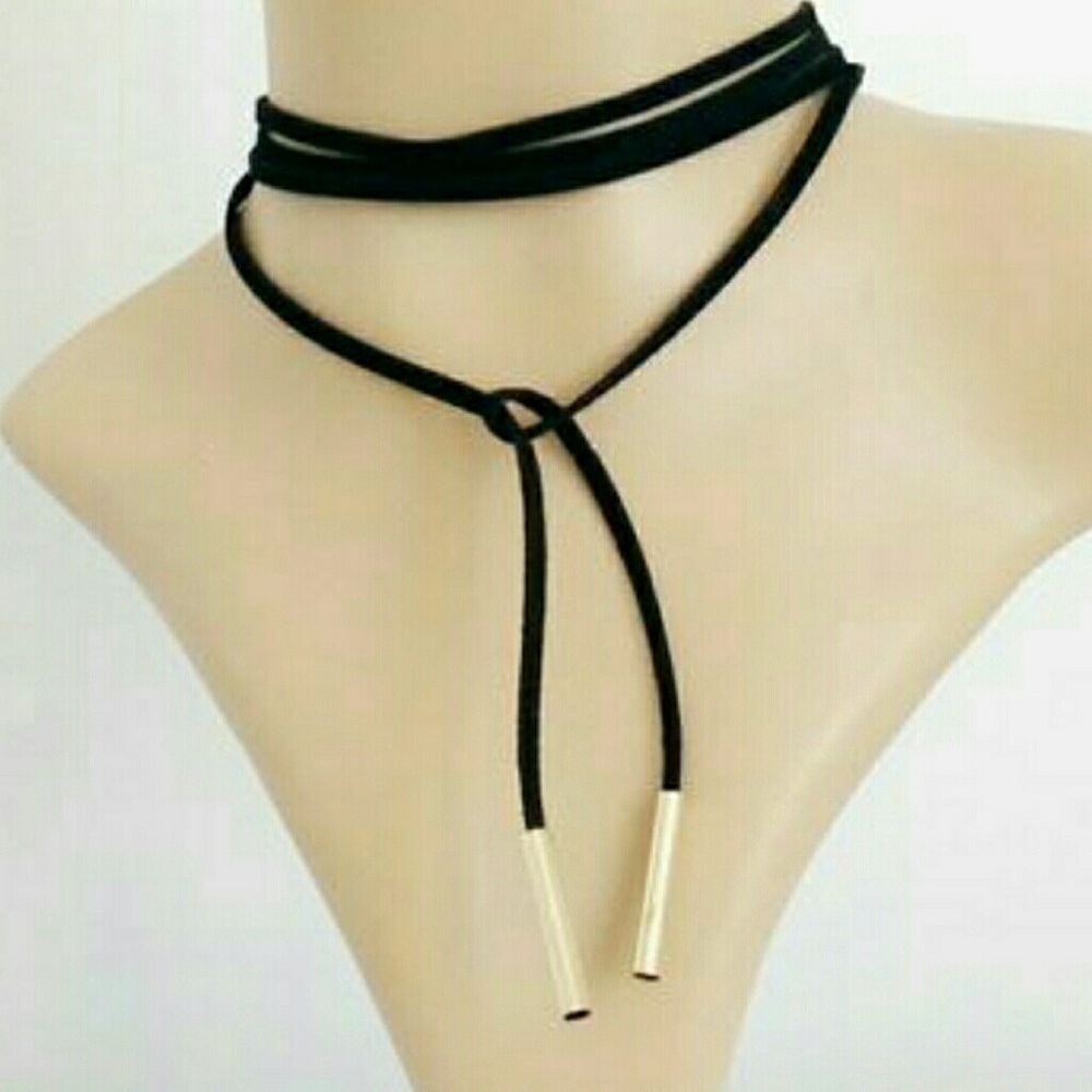 Black leather long rope choker. NWT