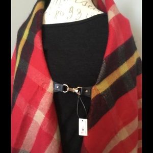 Red Plaid Poncho, with leather & metal clasping.