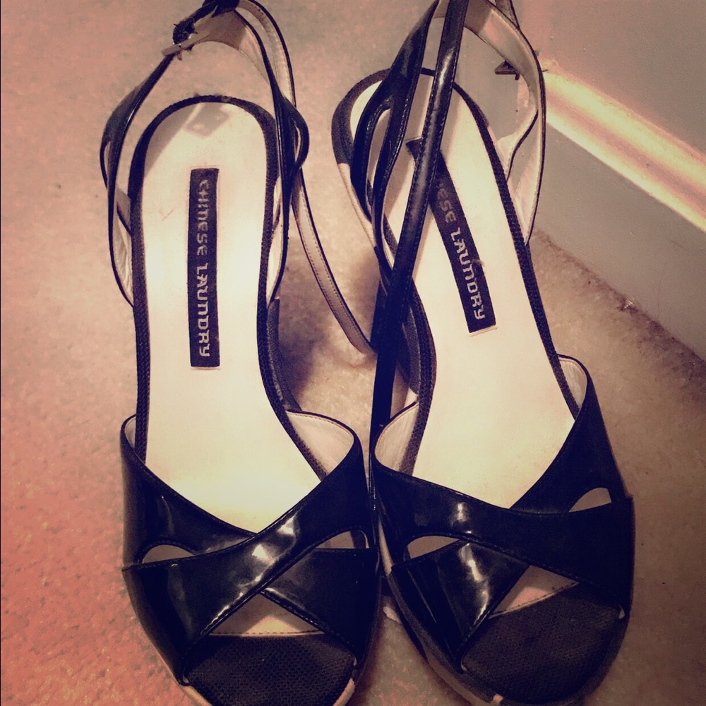 Black and white platform ankle wedge