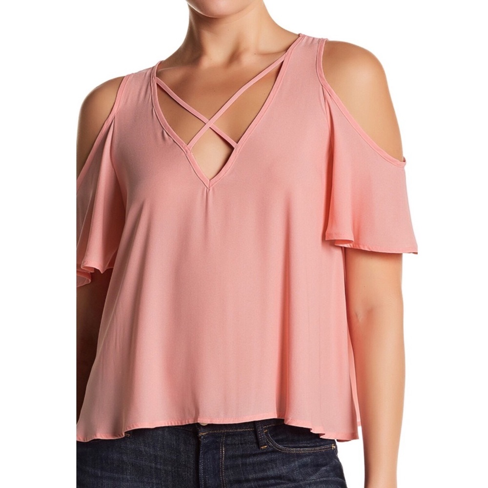 Lush Short Sleeve Strappy Cold Shoulder Blouse