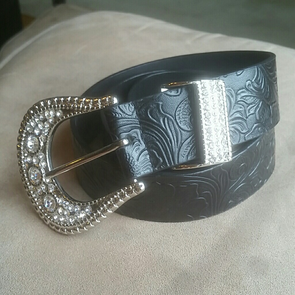 Western Rhinestone Stamped Leather Belt