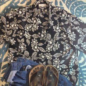 Silk Black and white floral Hawaiian shirt