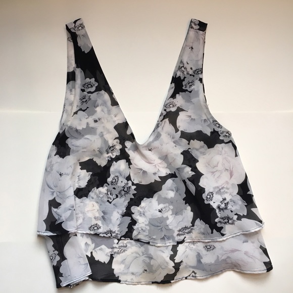 Garage Tops - Garage black and white floral chiffon tank
