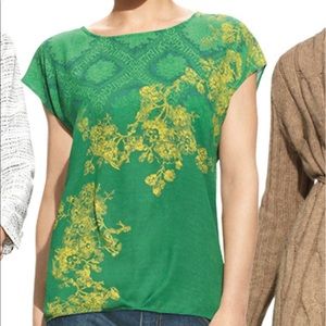 CAbi green and gold blouse size small