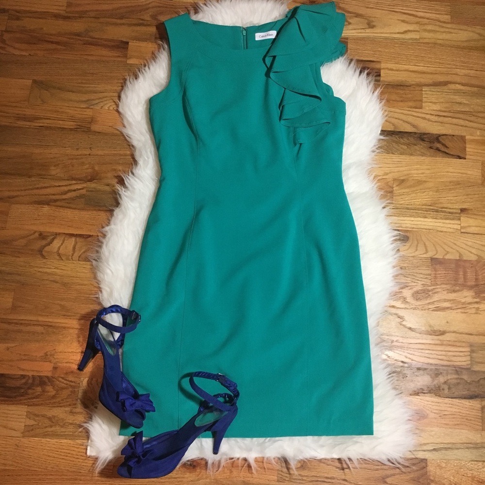 CALVIN KLEIN Seafoam dress ruffle shoulder detail