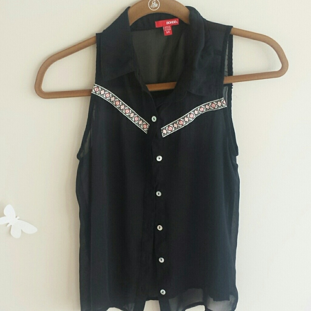 Bongo Black Sheer Tribal Print Button down Blouse