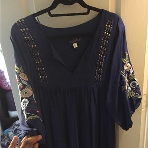 Embroidered Peasant top Dress Navy