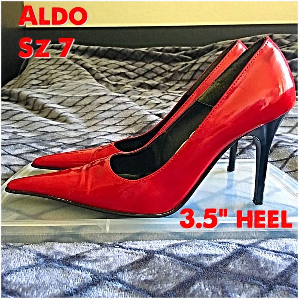 Pointy toe red patent Aldo pumps sz 37 3.5" heel