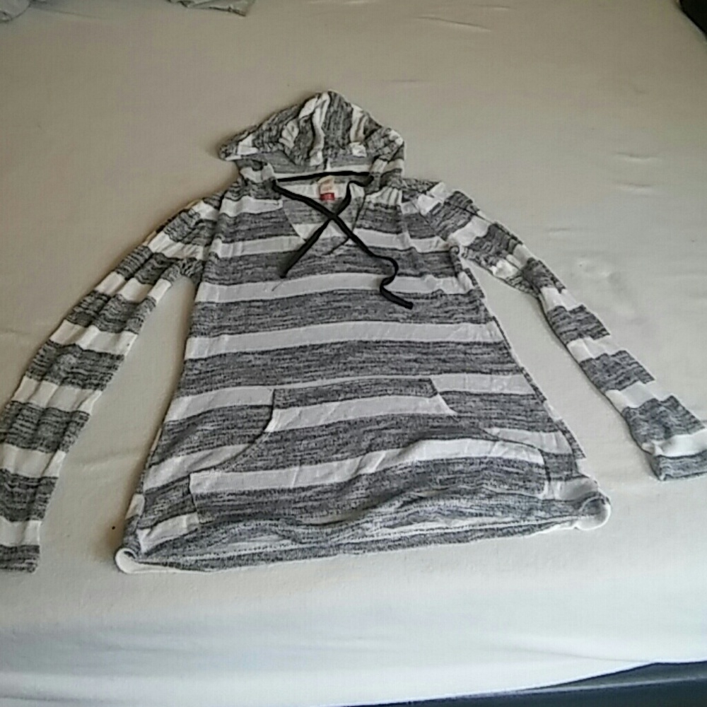 Gray and white striped lightweight sweater