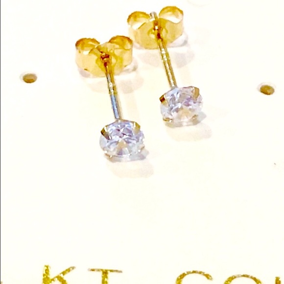 14K Pure Gold 3mm CZ Stud Push Back Earrings - Picture 2 of 2