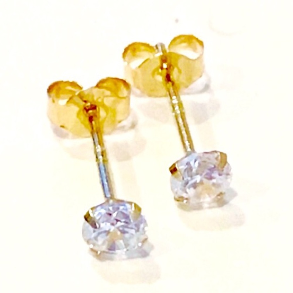 14K Pure Gold 3mm CZ Stud Earrings - Picture 1 of 2