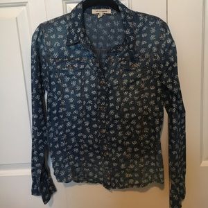 Denim floral-printed button up