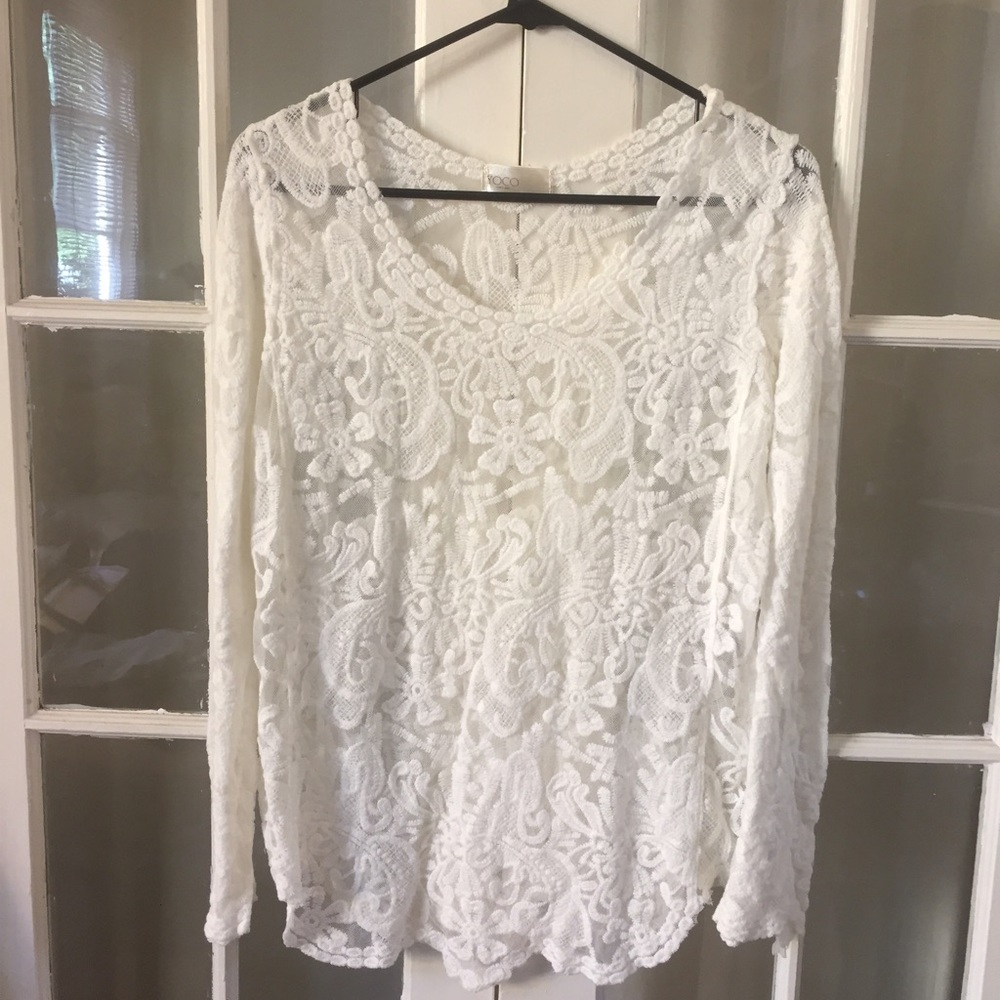 Ivory Long Sleeve Lace Blouse, Scalloped Trim