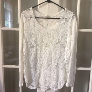 Ivory Long Sleeve Lace Blouse, Scalloped Trim
