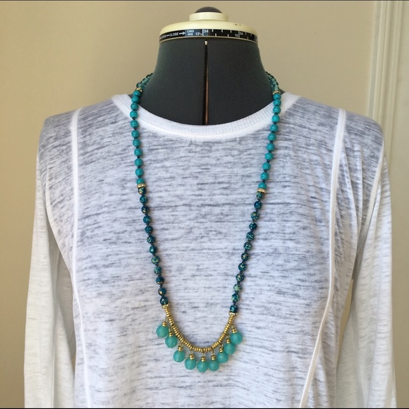 Jewelry - Long Turquoise Blue & Gold Beaded Dangle Necklace