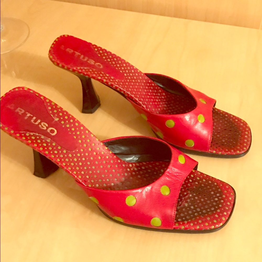 Red genuine leather summer heels with lime spots.