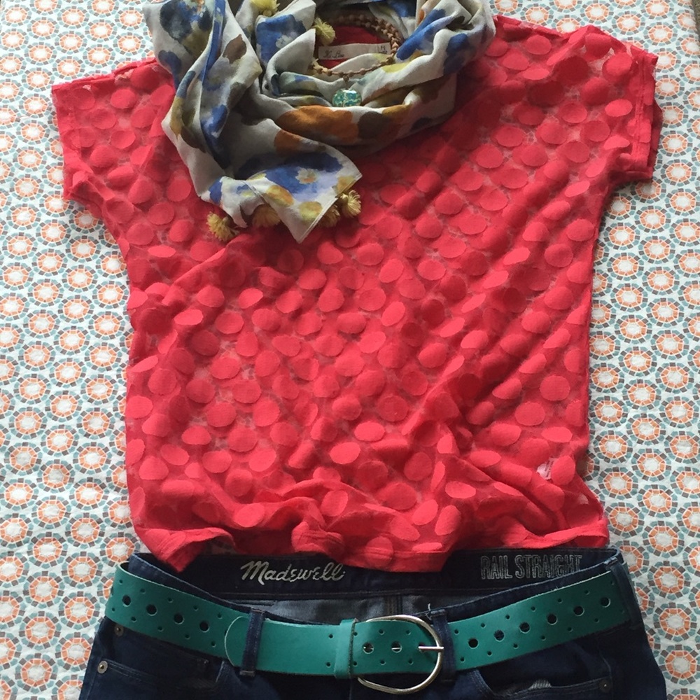 Madewell Sheer Red Dotted Short Sleeve Top
