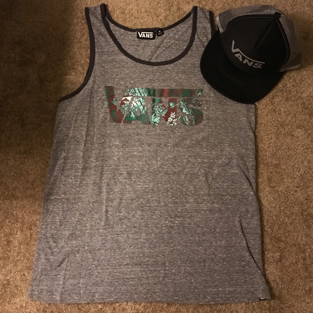 Men's Vans tank with teal floral design in logo