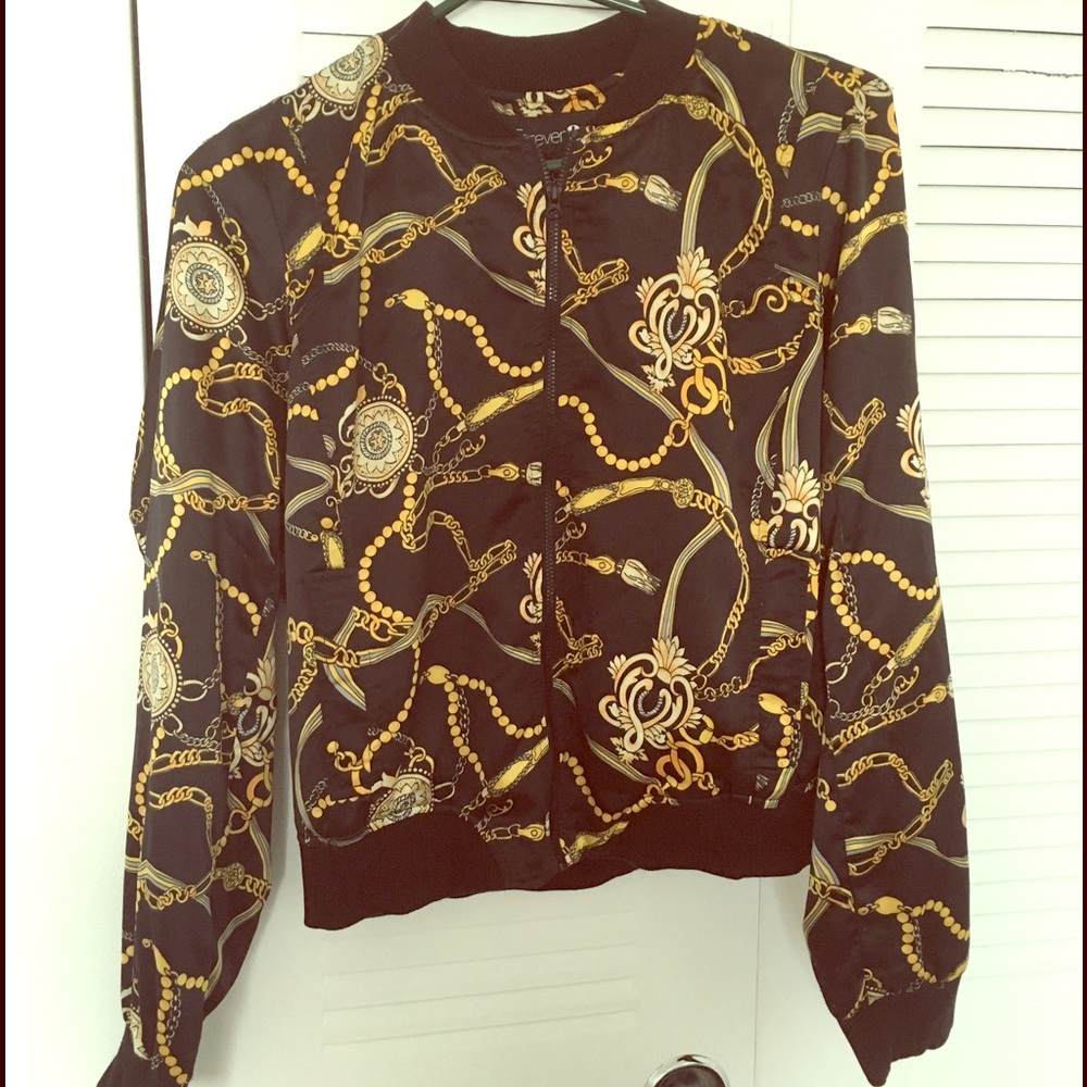 F21 chain printed scarf bomber jacket