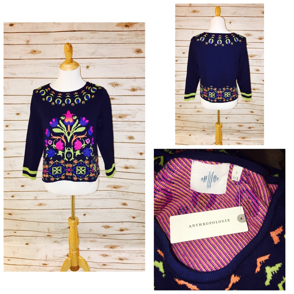 NWT Anthropologie Floral Intarsia Sweatshirt M