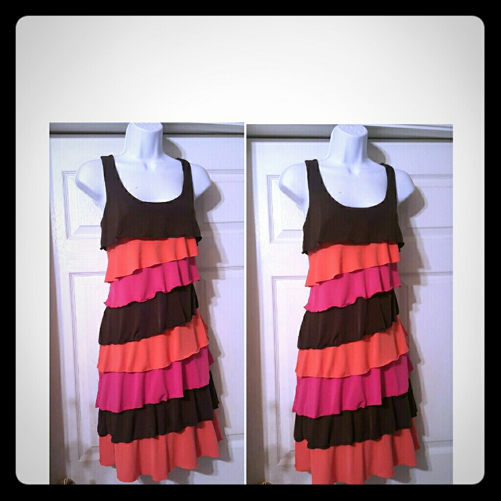 Orange&brown colorblock ruffled tiered swing dress