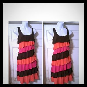 Orange&brown colorblock ruffled tiered swing dress
