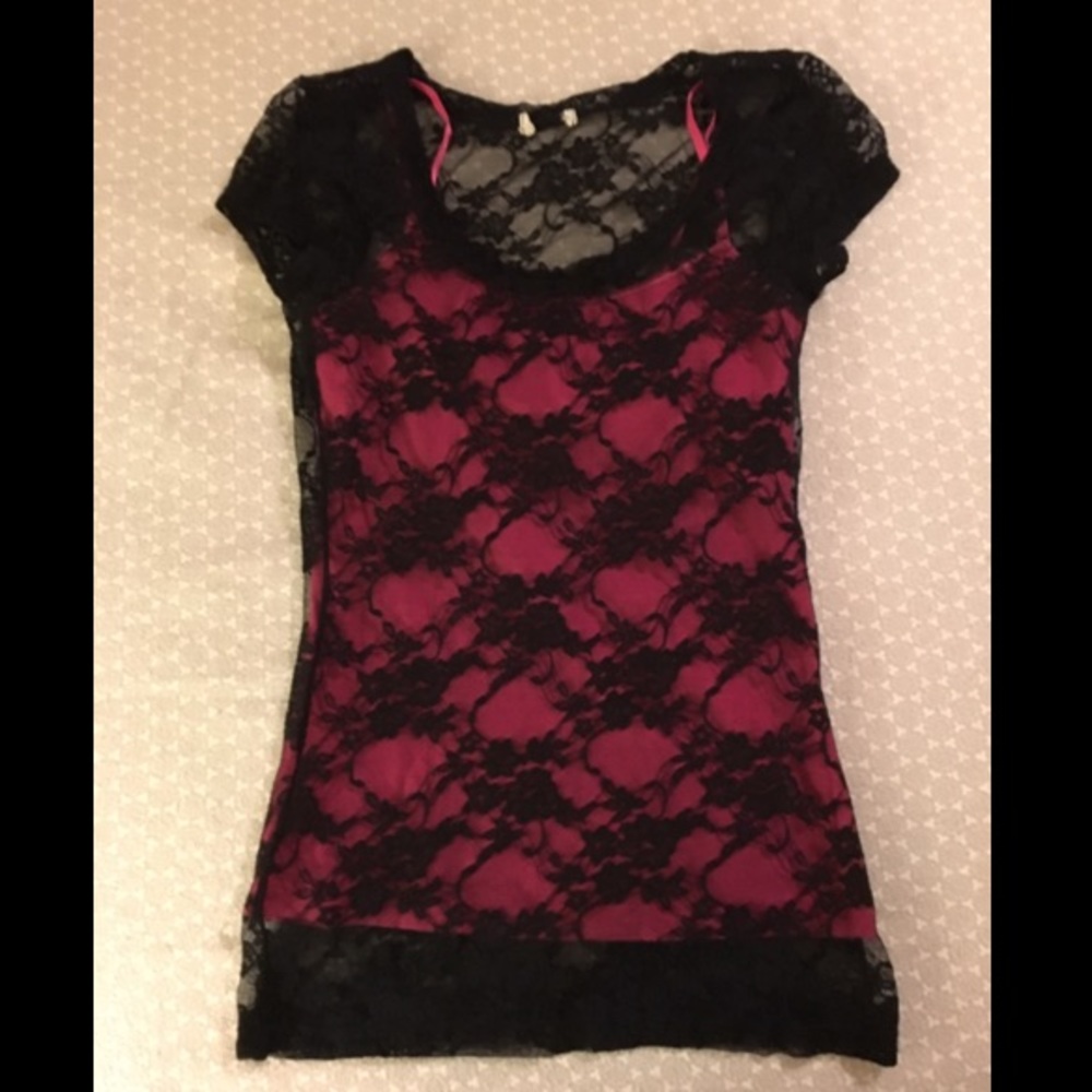 100% Sheer Lace Cap-Sleeves Top