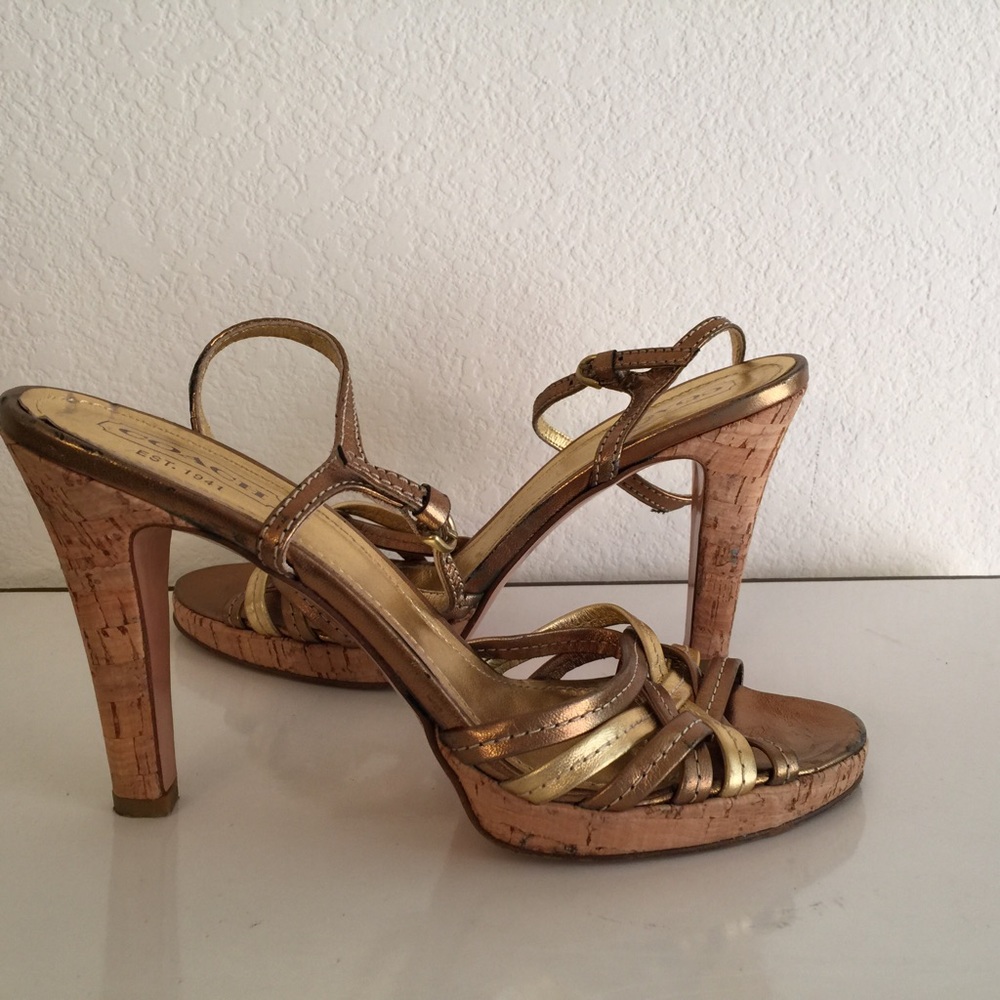 Coach Heeled Strappy Sandals Metallic Gold SZ 8B
