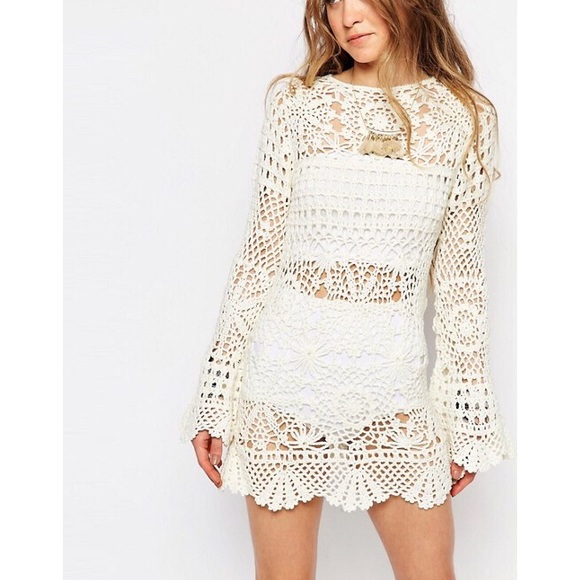 Cream Crochet Bell Sleeve Cover Up Dress - Picture 3 of 4