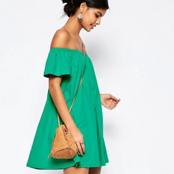 SOLD NWT ASOS Green Off the Shoulder Summer Dress - Picture 2 of 4
