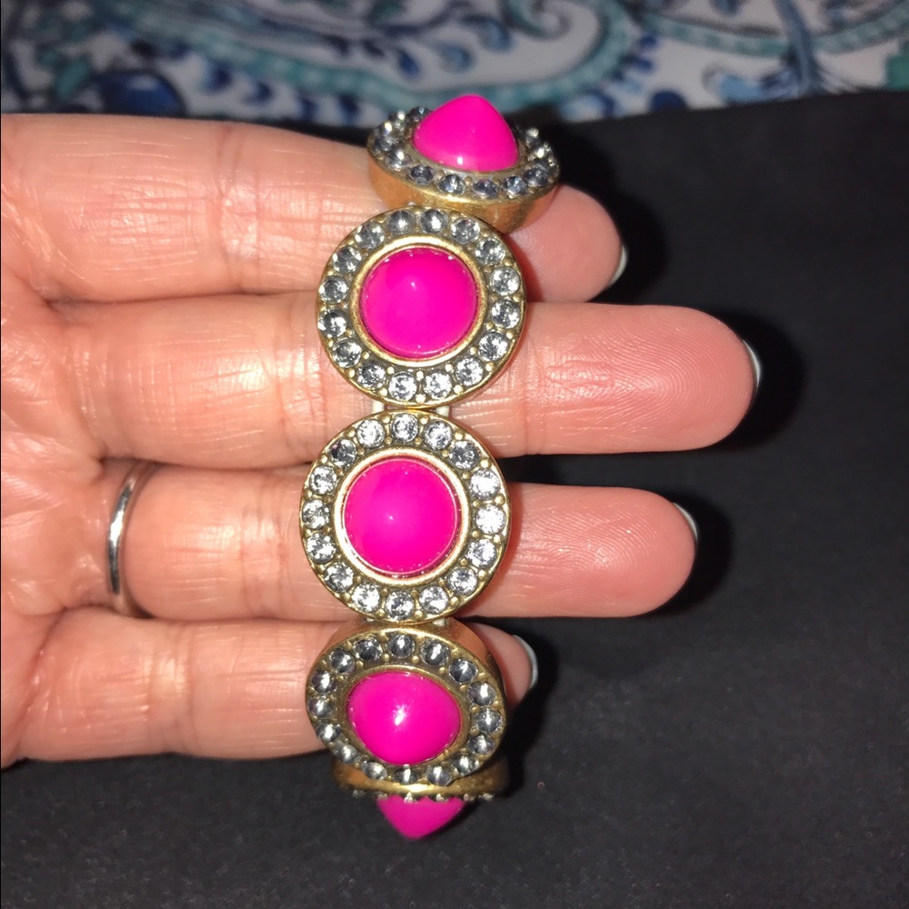 JCrew Hot Pink & Rhinestone Elastic Gold Bracelet