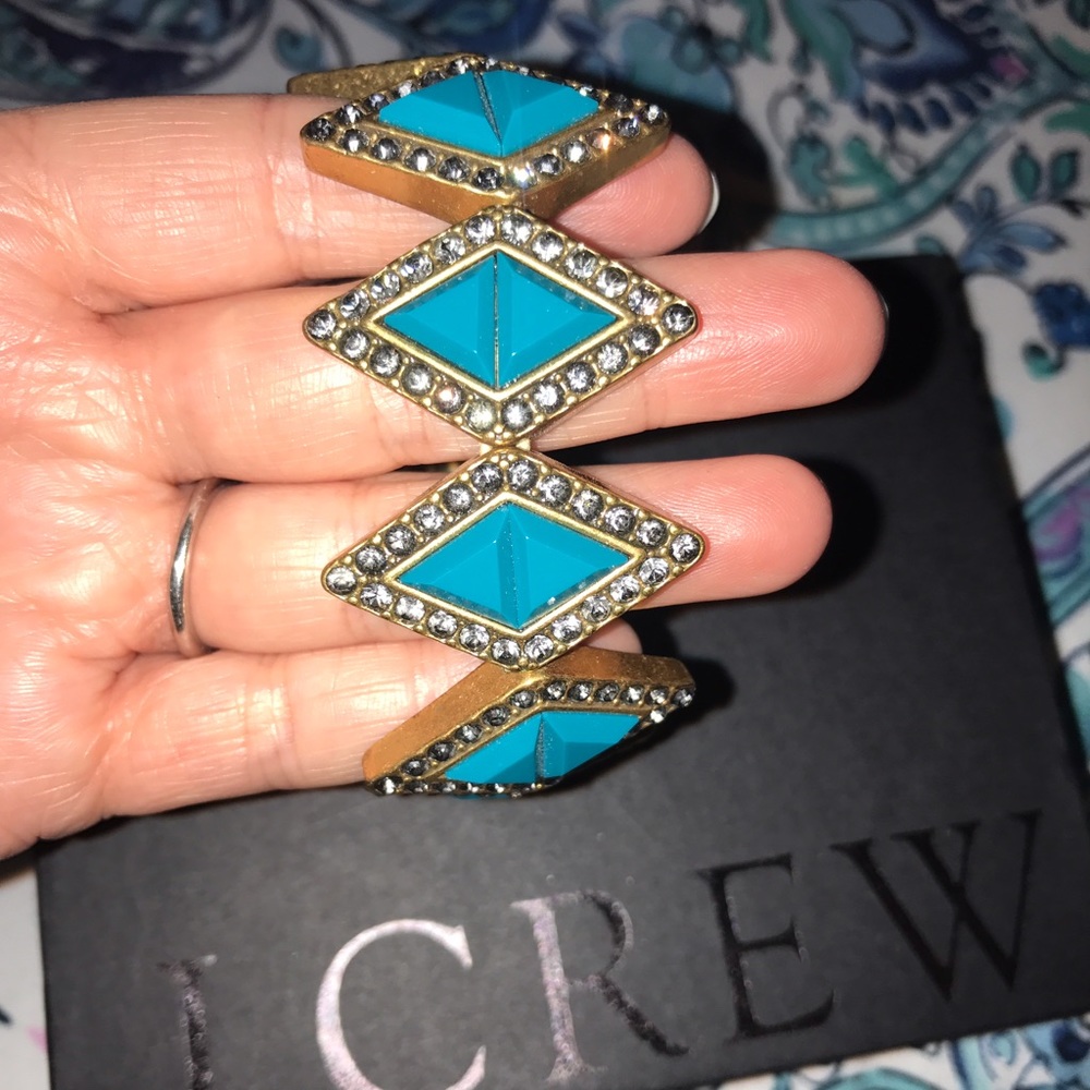 JCrew Teal & Rhinestone Elastic Gold Bracelet