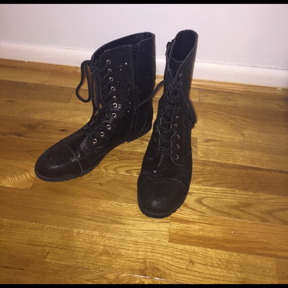 Black glitter combat boots