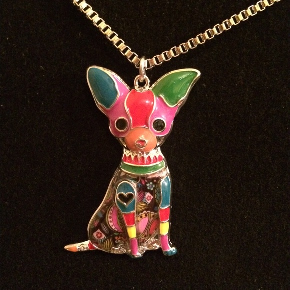 STATEMENT ENAMEL JEWELRY CHIHUAHUAS DOG NECKLACE - Picture 2 of 4