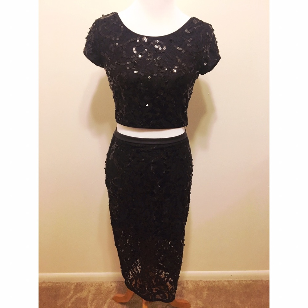 Express Sequined Crop Top + Sequined Skirt