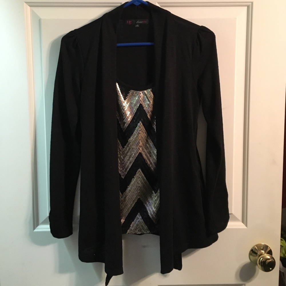 Black cardigan with attached sequenced tank