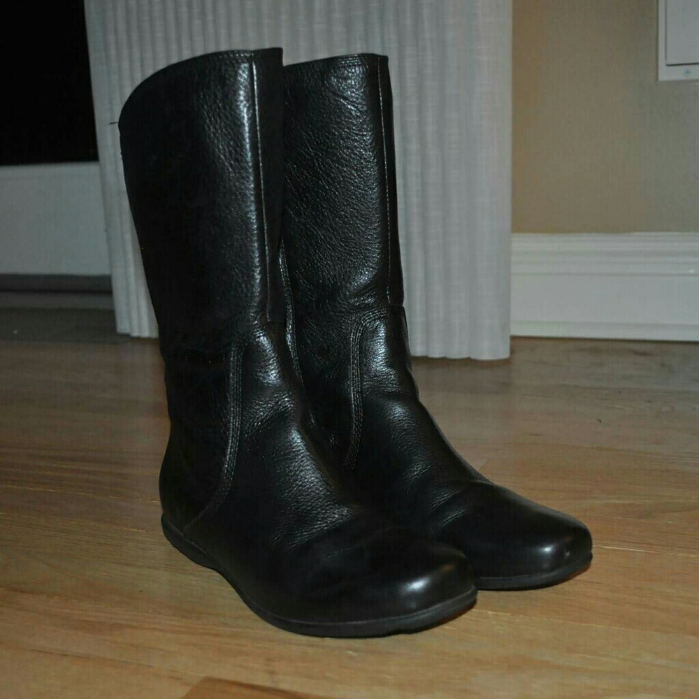 Black leather mid calf boots