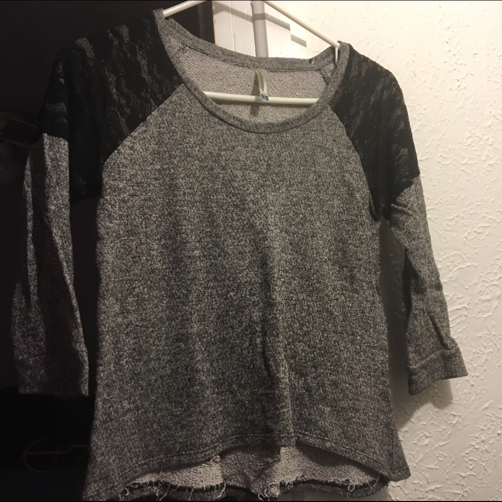 Gray top with black lace shoulders