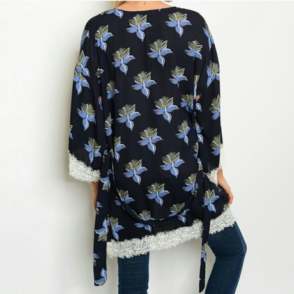 Navy Floral Print Kimono - Picture 2 of 2