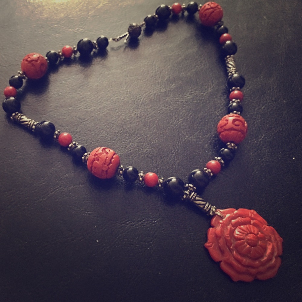 Antique Chinese Red Rose Statement Necklace
