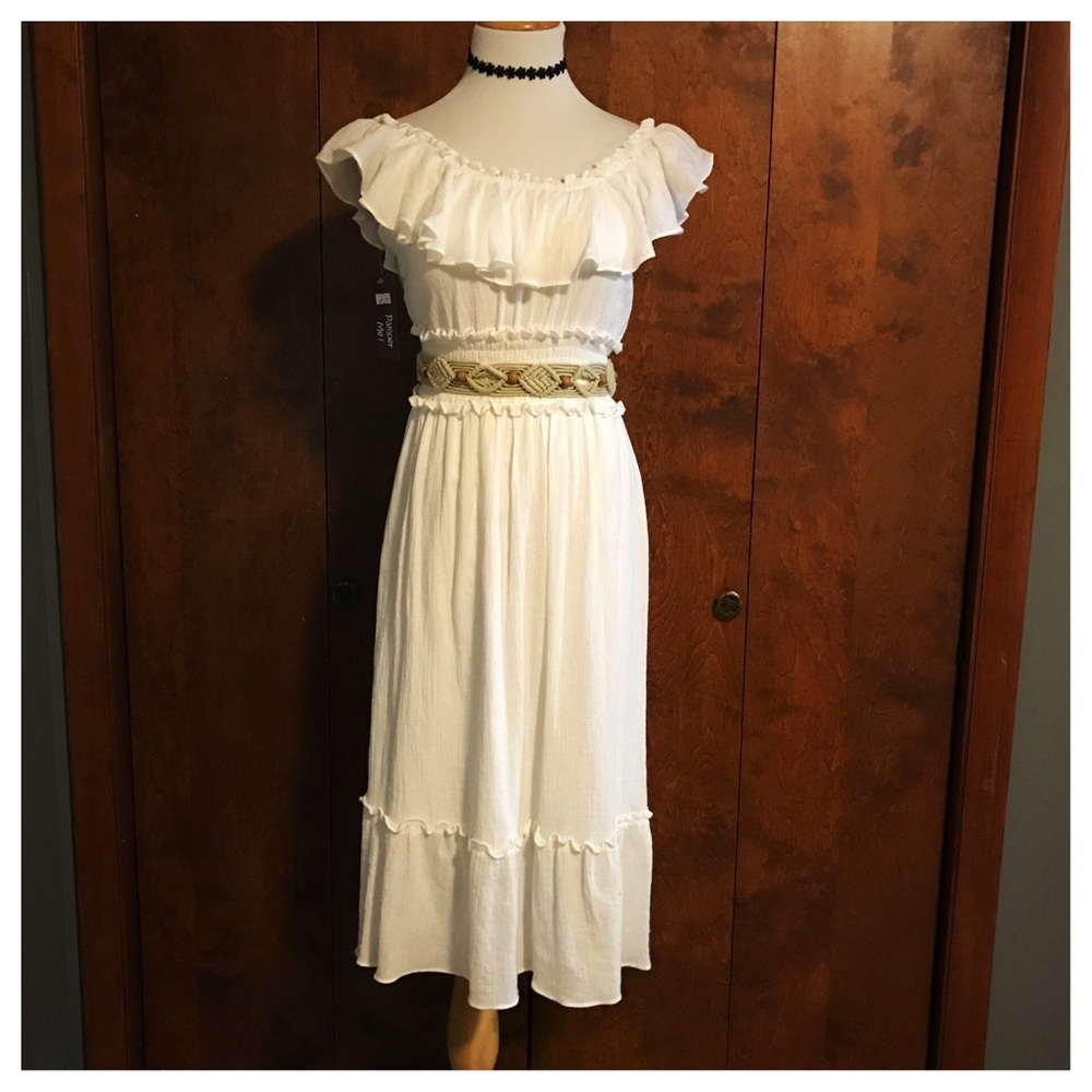 NWT White off the shoulder dress w/ boho belt incl